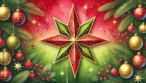 bold christmas star painted in vibrant watercolor tones on red and green holiday inspired background with copy space