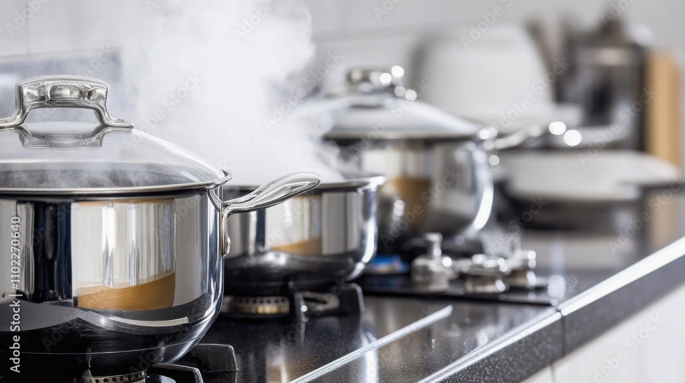 Steam coming out from pots on stove cooking food Steam coming out from pots on stove cooking food