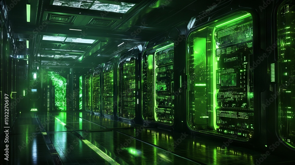 Fototapeta premium Futuristic Green Data Center with Glowing Machines - AI generated illustration
