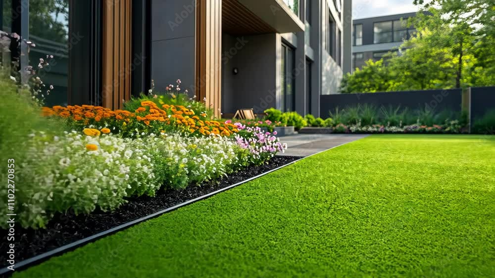 Vibrant garden view with colorful flowers and lush green lawn in a modern residential landscape during daytime Vibrant garden view with colorful flowers and lush green lawn in a modern residential landscape during daytime