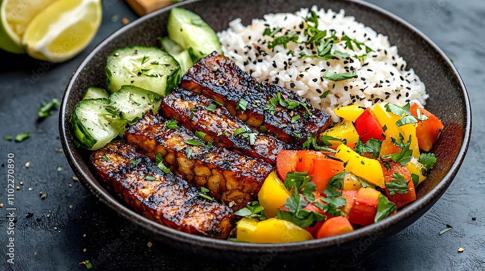 A vibrant plate of grilled tempeh with a side of fresh vegetables and rice, a plant-based high-protein meal A vibrant plate of grilled tempeh with a side of fresh vegetables and rice, a plant-based high-protein meal