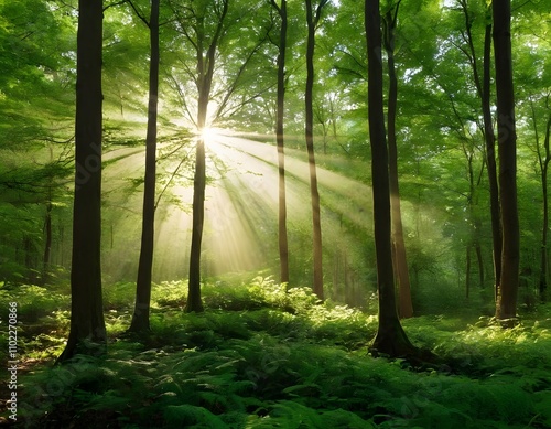 morning in the forest sunset deep dark trees