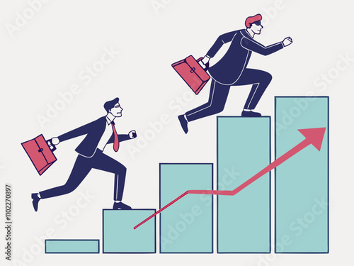 Determination and perseverance to meet challenges, milestones, step-by-step completion of tasks, business progress tracking and management, businessmen running around corners and reaching goals one by