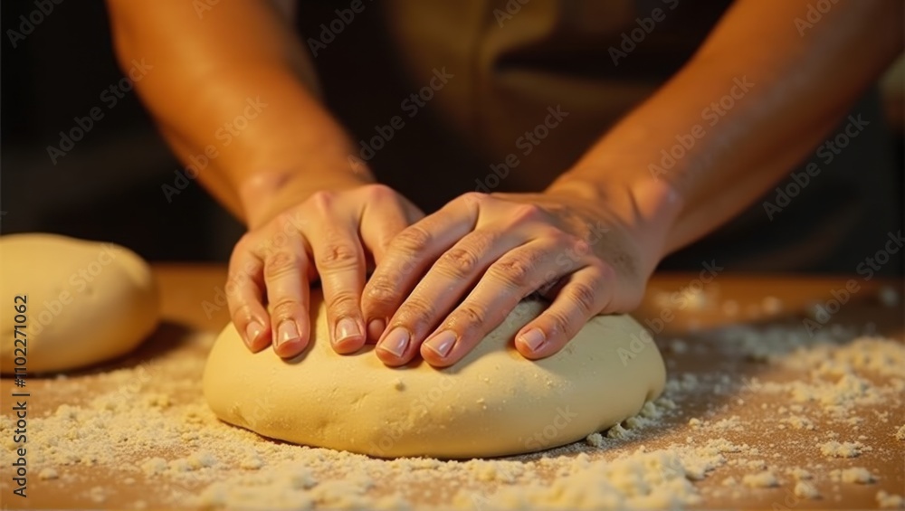 Hands kneading dough on a wooden surface, flour scattered, baking process, close-up, culinary art. Generative, AI, Hands kneading dough on a wooden surface, flour scattered, baking process, close-up, culinary art. Generative, AI,