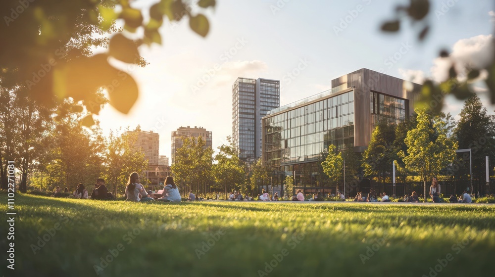 Obraz premium sunny park scene with people relaxing on grass near modern buildings