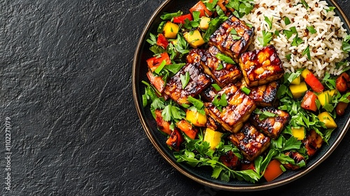 A vibrant plate of grilled tempeh with a side of fresh vegetables and rice, a plant-based high-protein meal