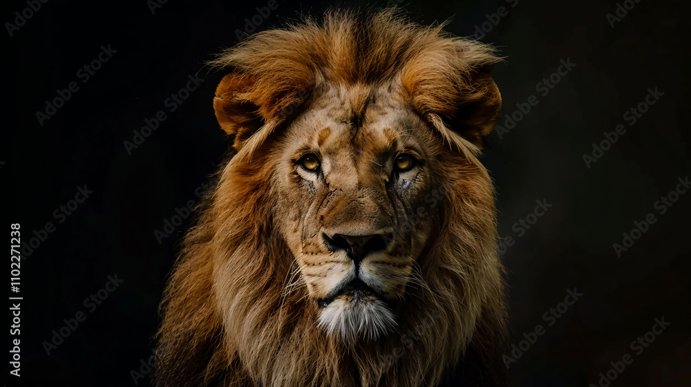 Close-up shot of a lion's face against a dark background. Close-up shot of a lion's face against a dark background.
