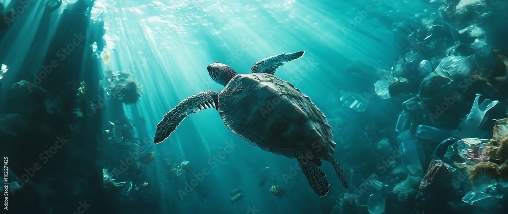 Fototapeta premium Adolescent Turtle Swimming Amidst Ocean Plastic Waste. AI generated illustration