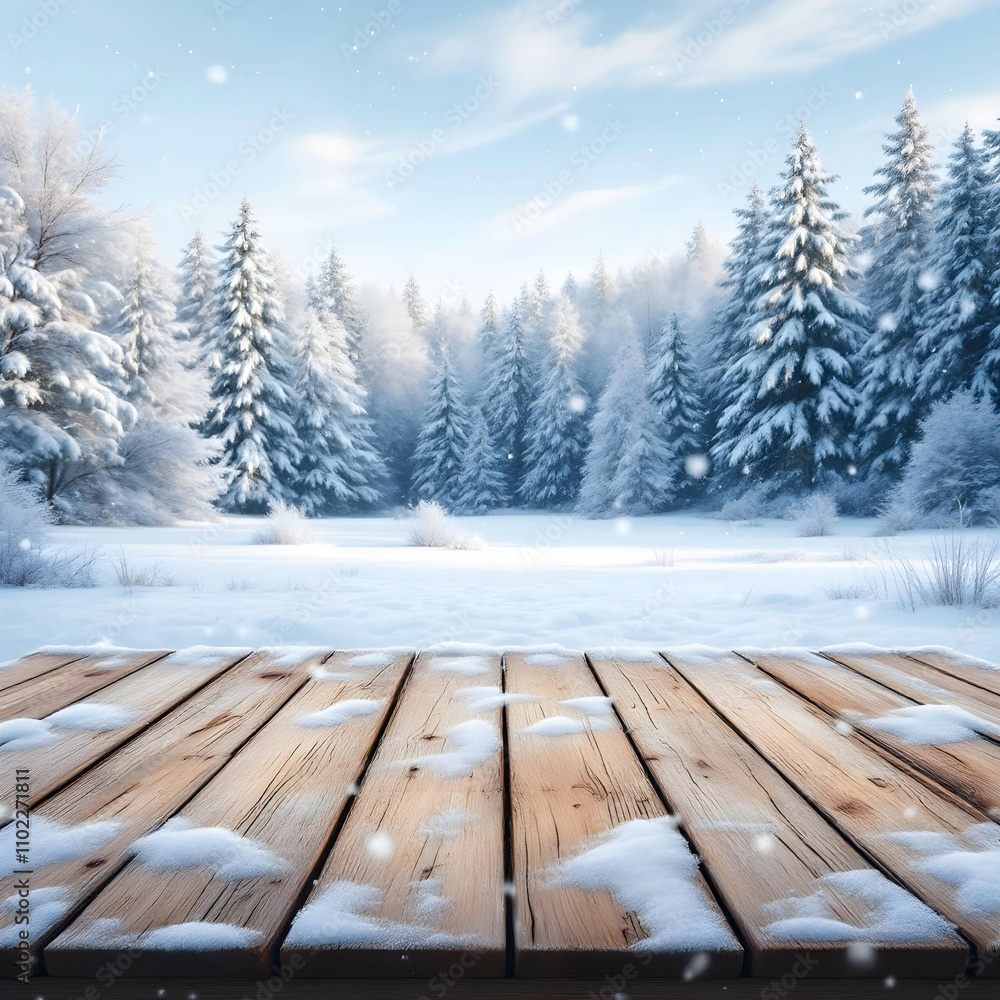 Perfect Winter Background for Product Displays, landscape with wooden floor and snow, wooden table for christmas product Perfect Winter Background for Product Displays, landscape with wooden floor and snow, wooden table for christmas product