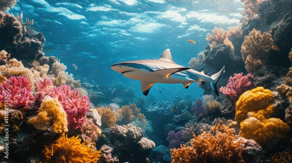 Fototapeta premium Shark Swimming Among Vibrant Coral Reef Underwater Landscape