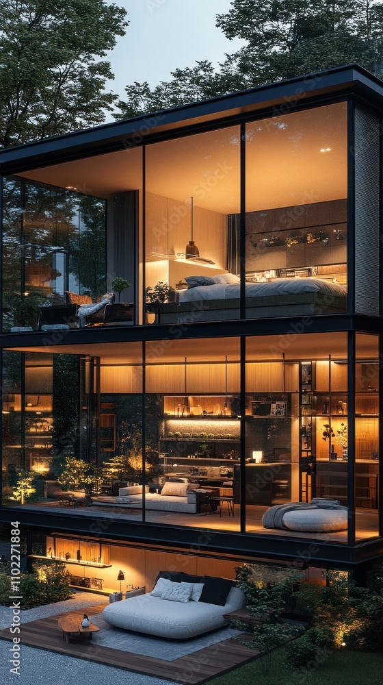 Fototapeta premium Modern Glass House Evening Illumination Interior Design