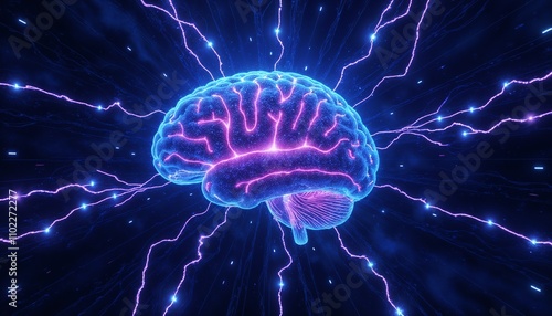 Futuristic brain illustration with electric impulses against a dark background