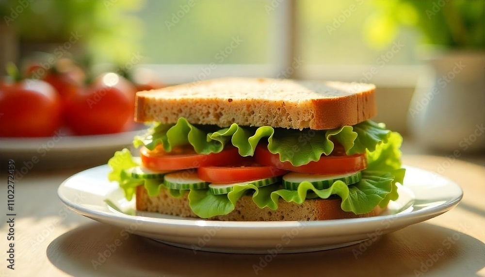 A healthy sandwich with whole grain bread, sliced tomatoes, lettuce, and cucumber. created with generative ai A healthy sandwich with whole grain bread, sliced tomatoes, lettuce, and cucumber. created with generative ai