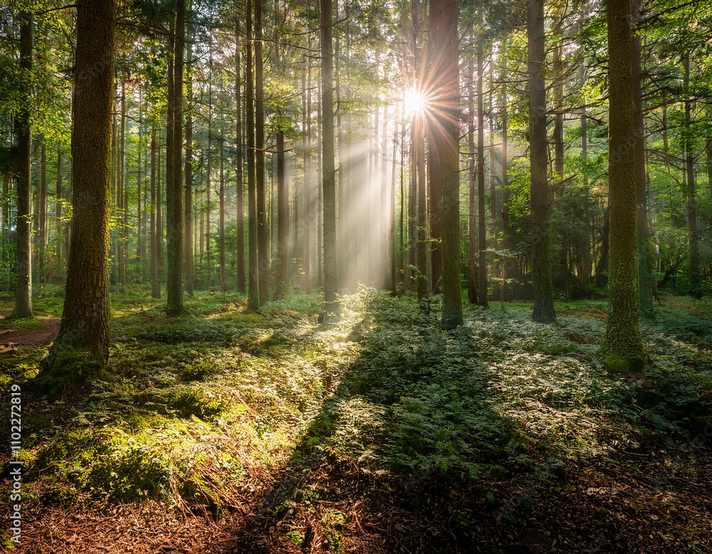 Fototapeta premium Forest with sunlight breaking through, symbolizing leadership as a guiding light for progress