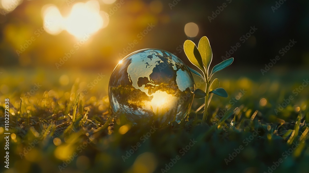Glass Globe with Earth-Shaped Sprout on a Sunlit Meadow Background. AI generated illustration Glass Globe with Earth-Shaped Sprout on a Sunlit Meadow Background. AI generated illustration