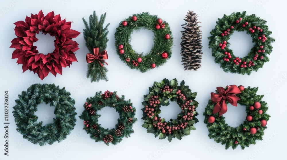Elegant collection of Christmas wreaths in various designs and sizes displayed on a light background, highlighting festive details. Elegant collection of Christmas wreaths in various designs and sizes displayed on a light background, highlighting festive details.