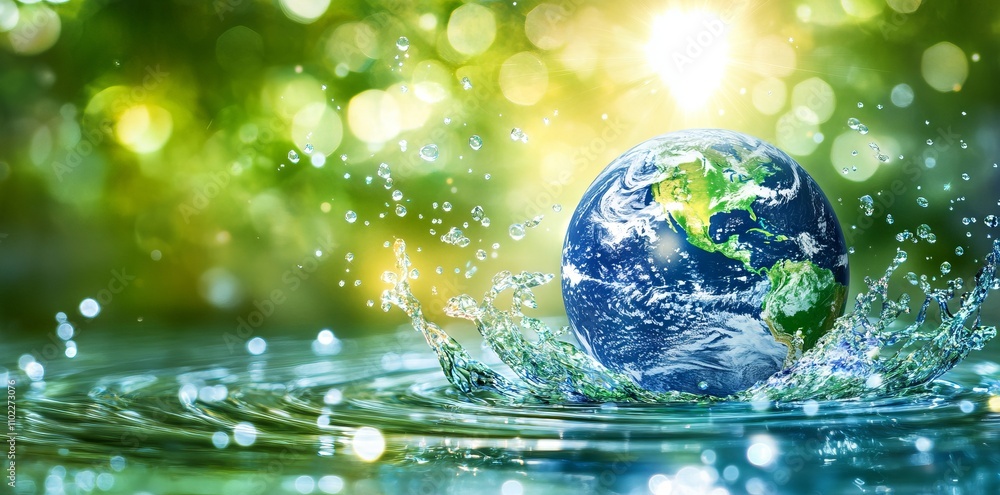 Earth Inside Water Drop with Light Effects and Floating Droplets: Global Environmental Protection Concept. AI generated illustration Earth Inside Water Drop with Light Effects and Floating Droplets: Global Environmental Protection Concept. AI generated illustration