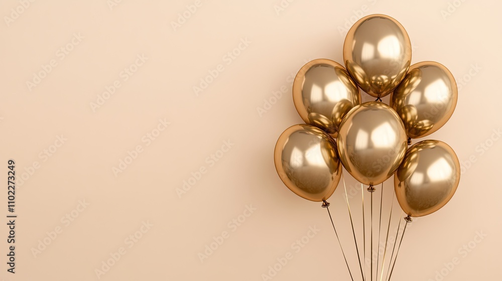 Obraz premium Festive gold balloons tied together, hovering on a light beige backdrop, ideal for party announcements or greetings.