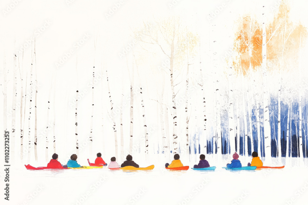 A group of people are in a canoe, with a large tree in the background A group of people are in a canoe, with a large tree in the background