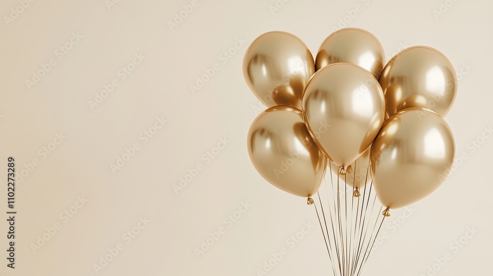 Festive gold balloons tied together, hovering on a light beige backdrop, ideal for party announcements or greetings. Festive gold balloons tied together, hovering on a light beige backdrop, ideal for party announcements or greetings.