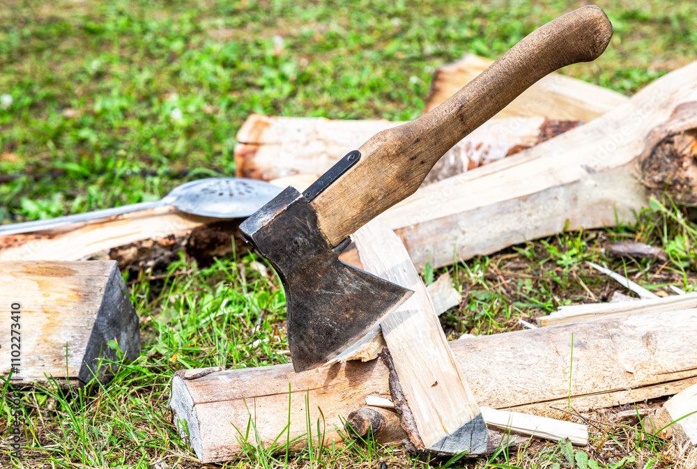 Fototapeta premium Axe for chopping firewood and chopped firewood lying on the grass
