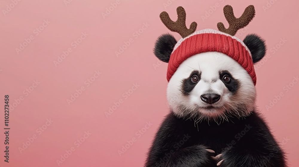 happy panda in a deer hat ,new year,funny animal happy panda in a deer hat ,new year,funny animal