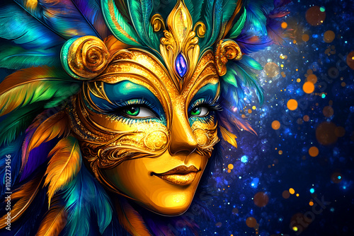 Wallpaper Mural Venetian mask with detailed designs and bright colorful feathers, highlighted against a dark, sparkling backdrop. Copy space. Torontodigital.ca