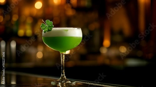 Wallpaper Mural Green cocktail with shamrock garnish on bar counter. Bokeh background. St Patrick's Day celebration. Drink and Irish holiday concept. Torontodigital.ca