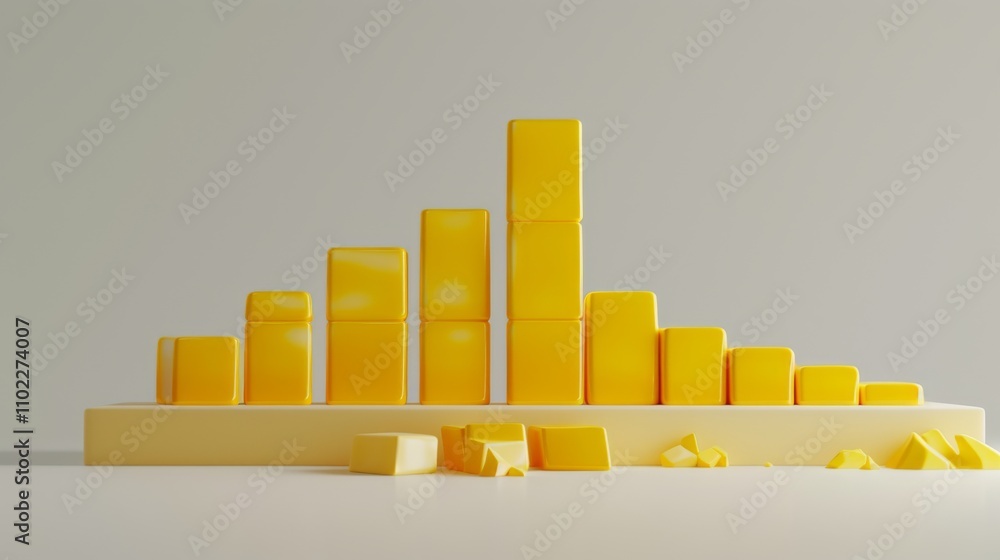 Fototapeta premium A collection of yellow blocks organized in a bar graph format on a clean white surface. The abstract design conveys data and growth, making it perfect for business or data-related concepts and
