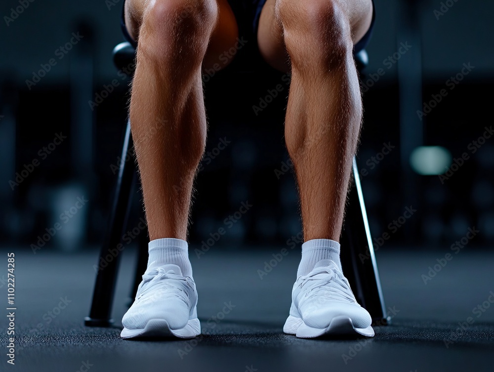 A man sitting on a bench in a gym with his legs crossed A man sitting on a bench in a gym with his legs crossed