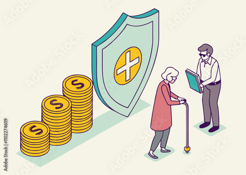 Pension Insurance, Wealth Protection and Insurance, Retirement and Savings Protection and Security, Isometrics Standing Behind the Shield A Bunch of Merchants and Retirees with Gold Coins stock illust