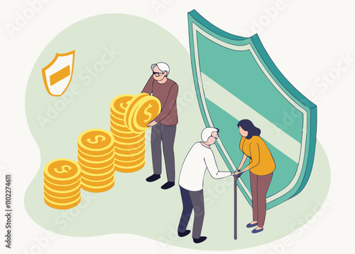 Pension Insurance, Wealth Protection and Insurance, Retirement and Savings Protection and Security, Isometrics Standing Behind the Shield A Bunch of Merchants and Retirees with Gold Coins stock illust