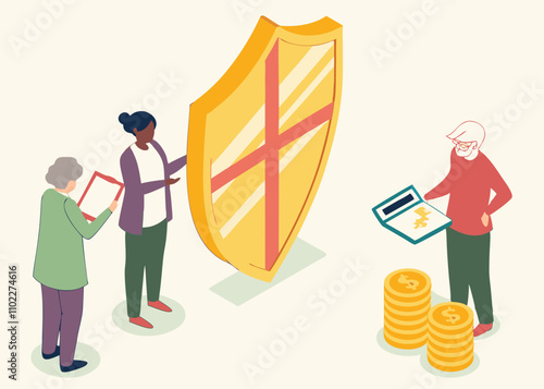 Pension Insurance, Wealth Protection and Insurance, Retirement and Savings Protection and Security, Isometrics Standing Behind the Shield A Bunch of Merchants and Retirees with Gold Coins stock illust