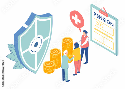 Pension Insurance, Wealth Protection and Insurance, Retirement and Savings Protection and Security, Isometrics Standing Behind the Shield A Bunch of Merchants and Retirees with Gold Coins stock illust