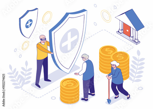 Pension Insurance, Wealth Protection and Insurance, Retirement and Savings Protection and Security, Isometrics Standing Behind the Shield A Bunch of Merchants and Retirees with Gold Coins stock illust