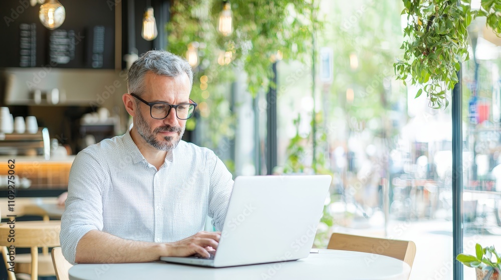 Man working on laptop in a cafe with a view of a green city street