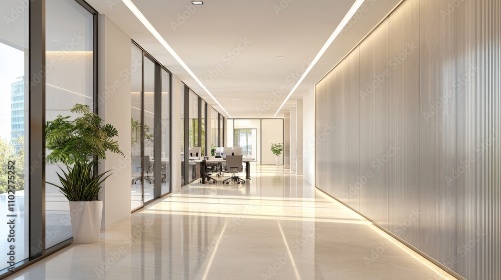 Fototapeta premium Modern office interior with corridor and glass walls.