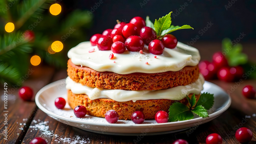 A Christmas cake with white cream and cranberries on a stand. A Christmas cake with white cream and cranberries on a stand.