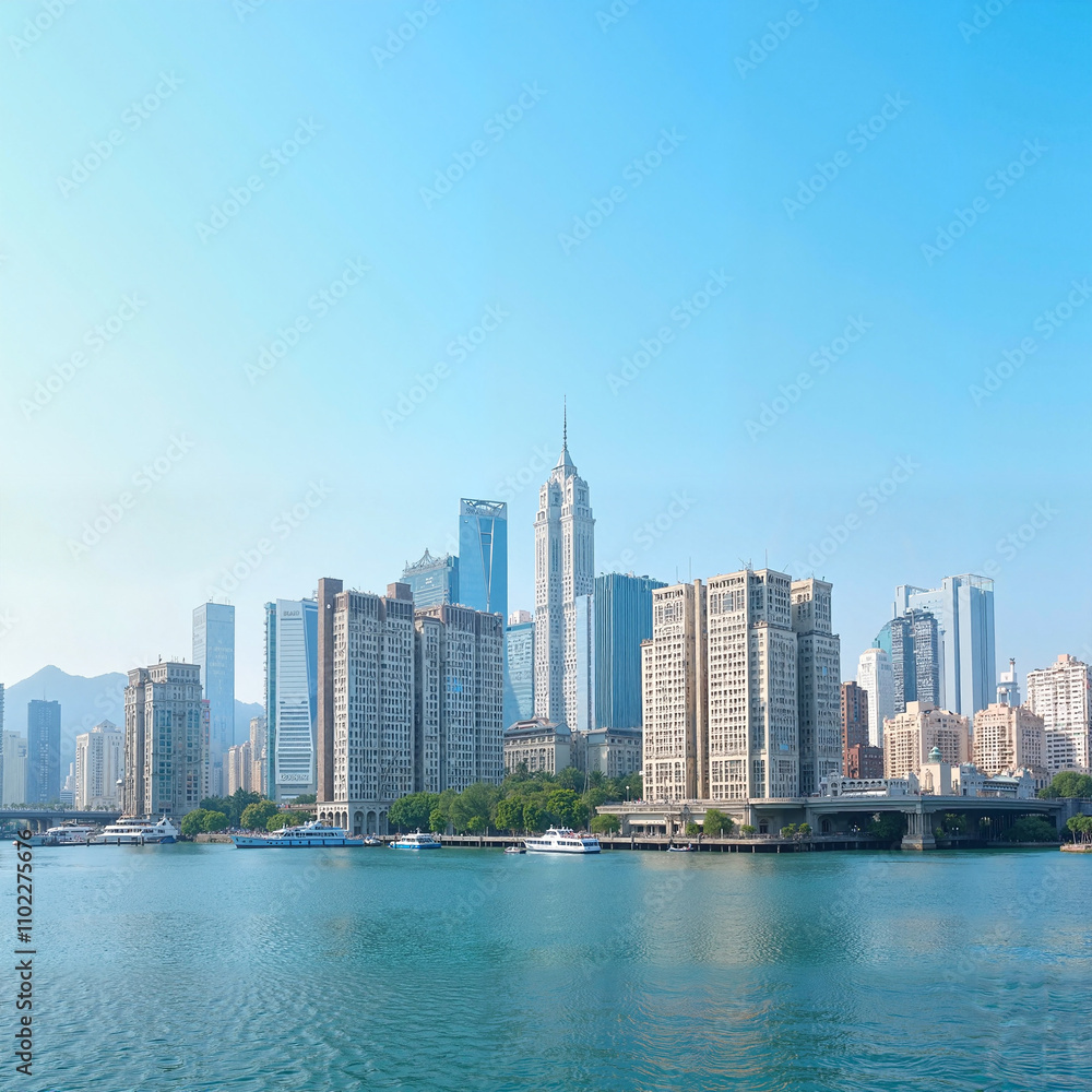 Fototapeta premium Modern city skyline with waterfront under clear blue skies