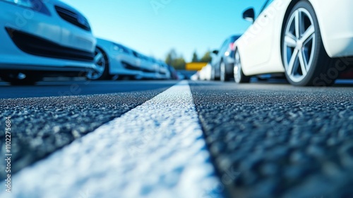 close-up view of a parking lot with parked cars and a dividing white line.