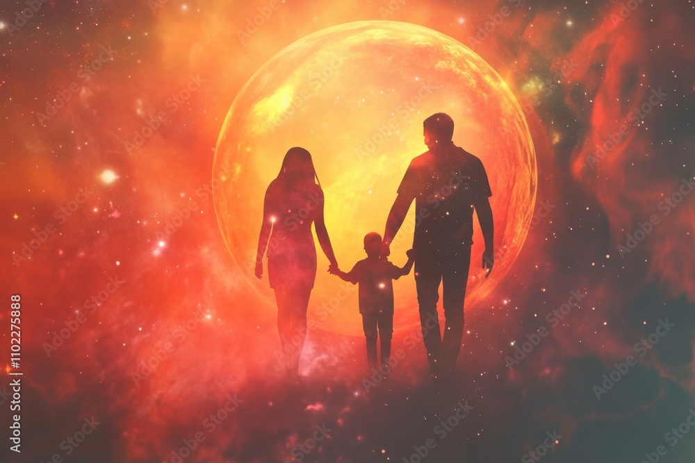 Fototapeta premium Silhouetted Family Walking Hand in Hand Against a Vibrant Cosmic Background with a Large Celestial Body and Colorful Nebula in the Night Sky