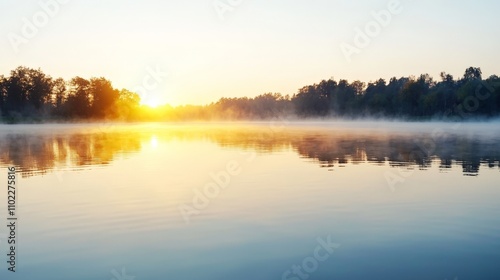 Wallpaper Mural Tranquil Sunrise Over Foggy Lake with Silhouetted Trees and Golden Reflections Torontodigital.ca
