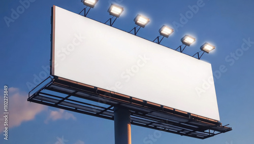 Blank white billboard mockup in highway overpass with cars and trucks moving below and city lights in the distance at night
 photo