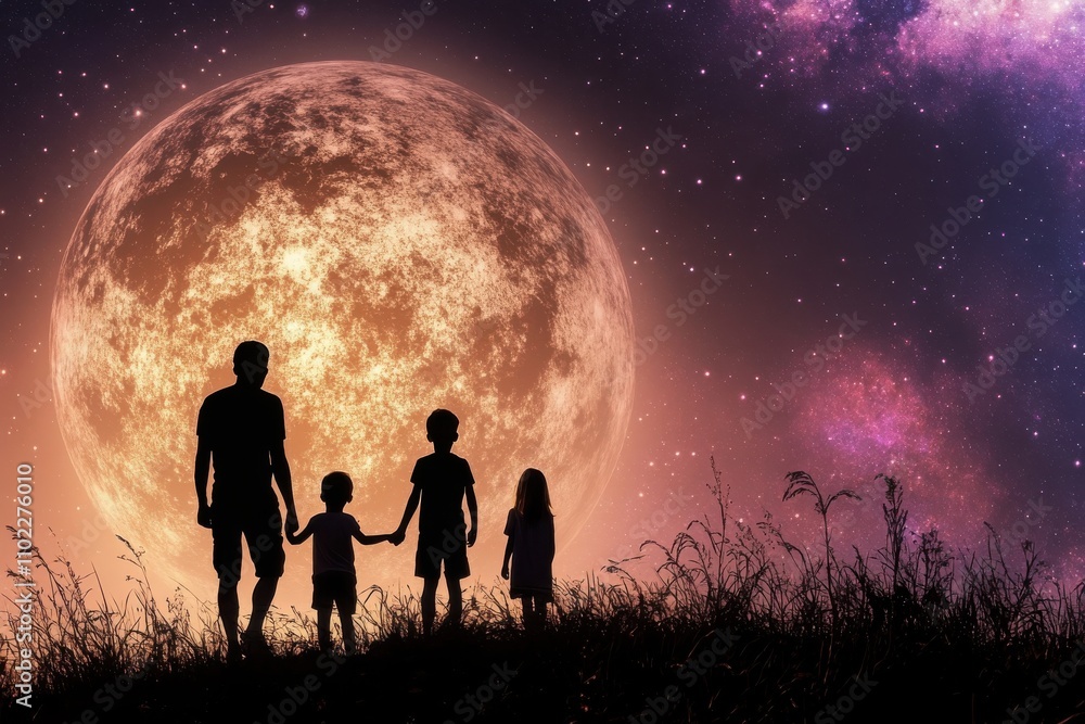 Silhouette of a Family Against a Majestic Full Moon Amidst a Starry Sky in a Dreamlike Landscape with Colorful Cosmic Elements Silhouette of a Family Against a Majestic Full Moon Amidst a Starry Sky in a Dreamlike Landscape with Colorful Cosmic Elements