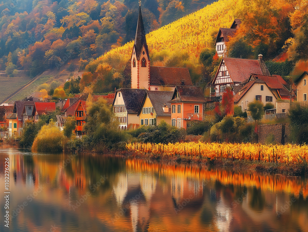 Naklejka premium Herbstliche Landschaft mit einem Dorf am See und bunten Bäumen