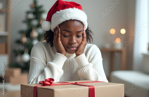 Young black woman wearing santa hat feeling sad during christmas at home