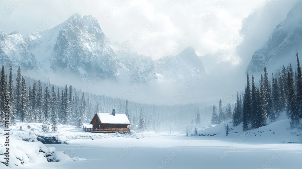 Fototapeta premium A serene winter landscape featuring a cabin by a frozen lake surrounded by snow-covered mountains.