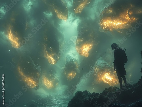 Diver Gazing into Mysterious Glowing Depths of the Unknown Ocean photo