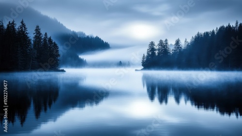 Serene Misty Lake Surrounded by Towering Forest Reflections