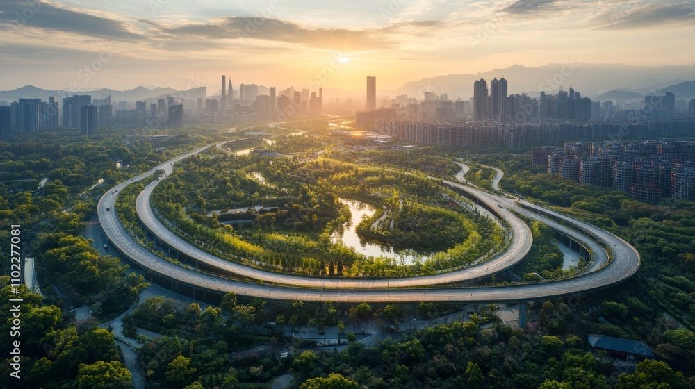 Sprawling futuristic cityscape with winding roads illuminated under a golden sunset Sprawling futuristic cityscape with winding roads illuminated under a golden sunset